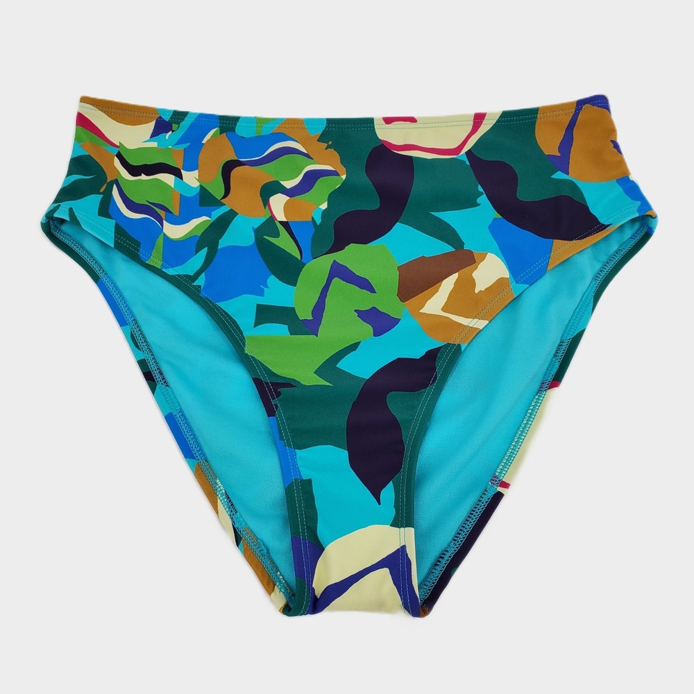 Time and Tru Abstract Tropical High Leg High Waist Bikini Bottom Large 12-14 New